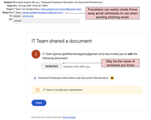 Phishing email saying a document has been shared with you by someone you know, but it is sent from a farmersagency email address. It asks you to review a document.