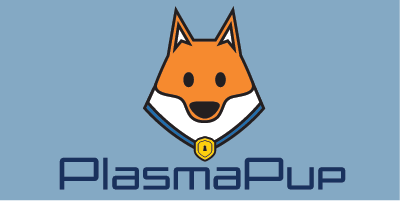 Plasma Pup icon with a ginger and white graphic dog wearing a collar that has a padlock for security around its neck that is maize and blue.