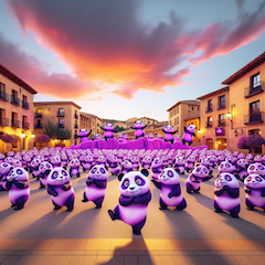 U-M gpt generated image of 500 purple pandas dancing in a Spanish city in a sunset.