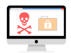 Skull and crossbones with file folder on computer screen