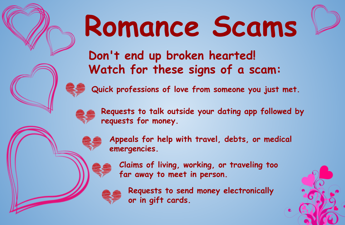 Info graphic about romance scams. Click to open the PDF version.