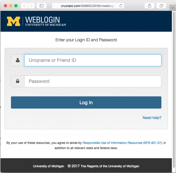 A fake University of Michigan login page is presented by the link.