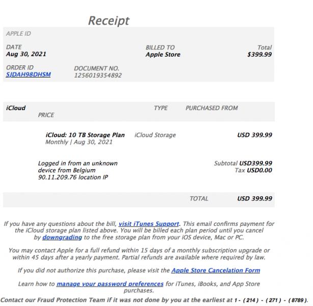 Screen shot of the fake receipt sent in this phishing email.