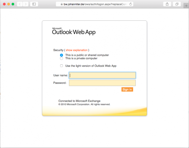 Screenshot of phishing Outlook Web App login page with fraudulent URL