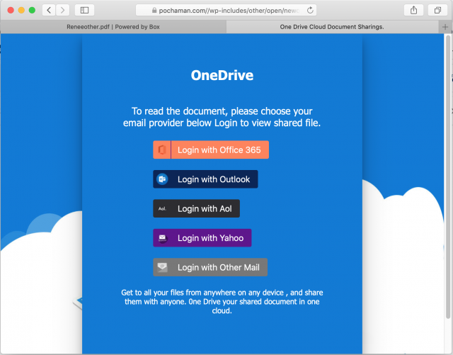 Phishing website designed to look like OneDrive