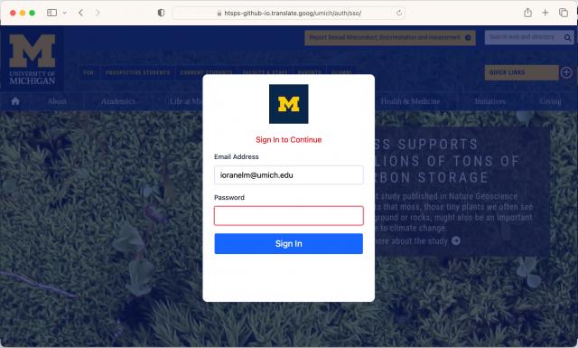 Image of a fake U-M login page, including details stolen from real U-M pages. You can tell it's fake by the URL, which is incorrect. The real U-M login page URL is weblogin.umich.edu .