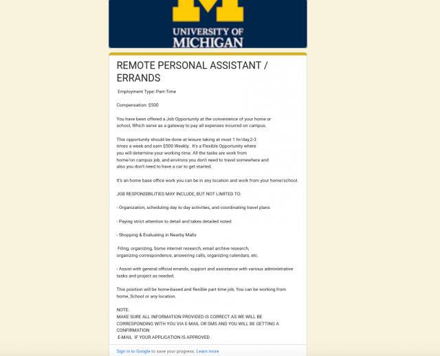 Image of a Google form with stolen U-M branding. The form is linked in the phishing email, and it is used to steal personal information. 