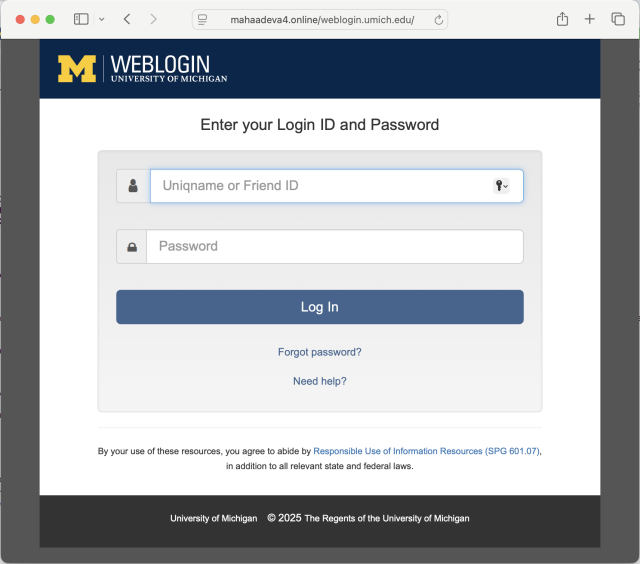 Screen shot of fake U-M Weblogin screen requesting login ID and password.