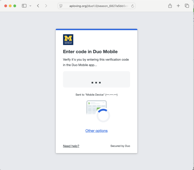 Screen shot of University of Michigan branded Duo mobile screen asking for a Duo mobile code.
