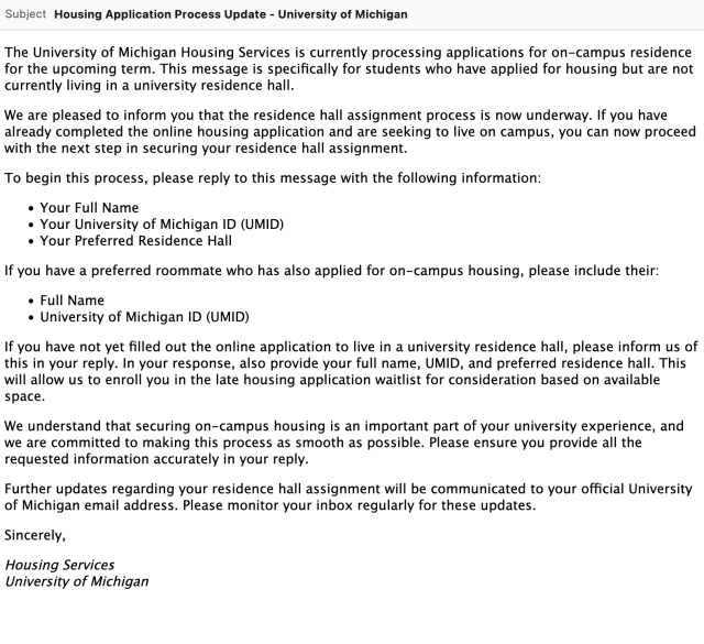Image of fake housing application email. This fake asks the recipient for their UMID number and personal information.