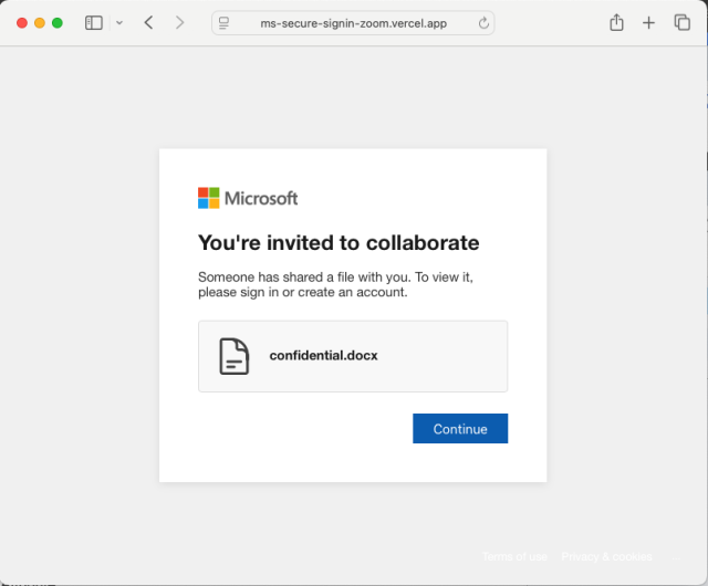 Screen capture: Microsoft logo. You're invited to collaborate. Someone has shared a file with you. To view it, please sign in or create an account. File name displayed is confidential.docx. Continue button.