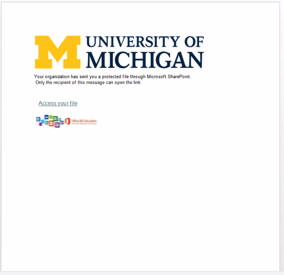 Screenshot of phishing email that uses U-M branding and asks recipients to open a shared document.
