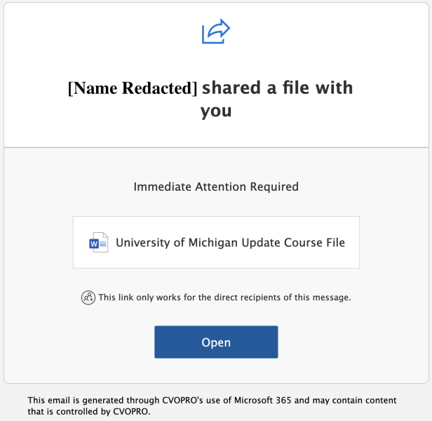 Screenshot of phishing email that says someone has sent you a shared document. Names in this email will vary, but will be real people whose accounts are compromised.