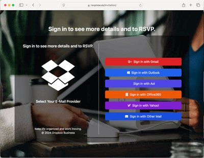 Page with a photo background and colorful buttons asking you to log using an email provider so you can RSVP