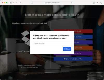 Pop up over a page with a photo background and colorful buttons that asks you to enter your telephone number for security purposes.