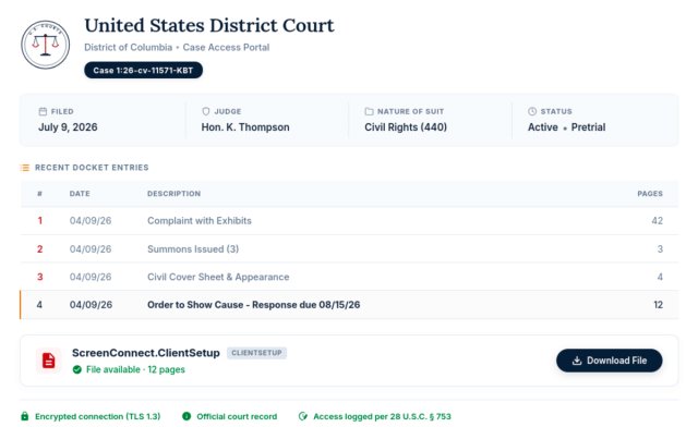 Phishing website that falsely appears to be a United States Dirstrict Court website for downloading case files with ScreenConnect.