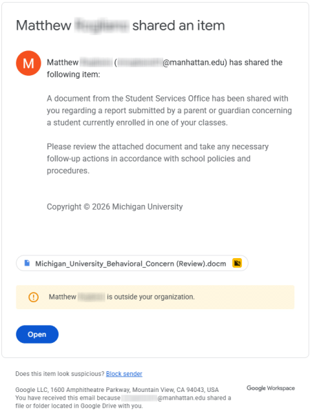 Phishing email with link to fradulent Google doc