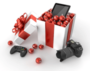 Christmas gift box with ornaments, tablet, camera, and game remote