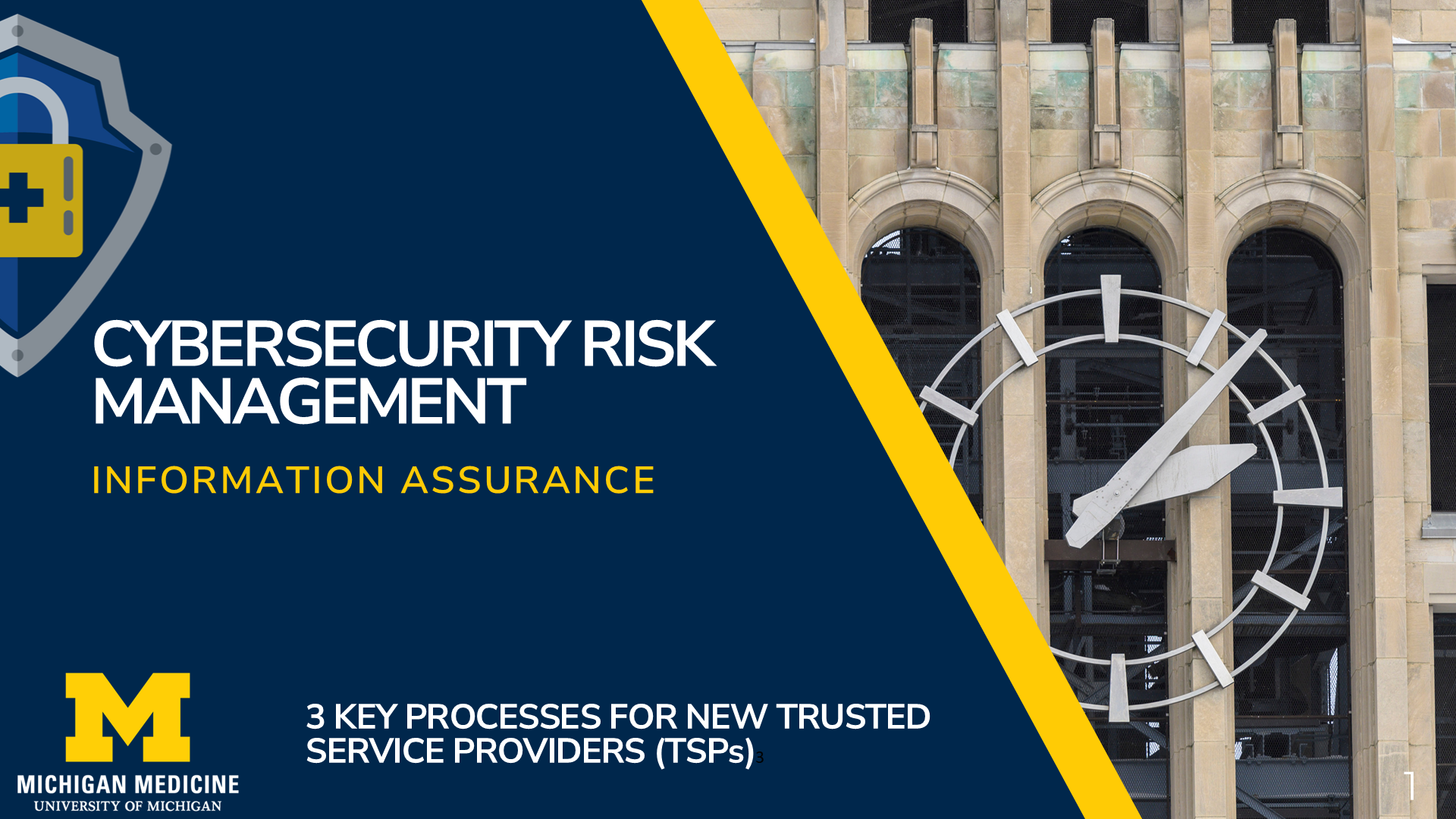Cybersecurity risk management powerpoint cover with an image of a clock on an outdoor building, includes descriptive text about the presentation
