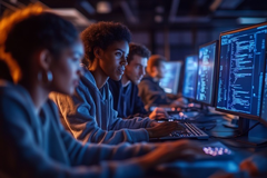 people working at computers in dimly lit room