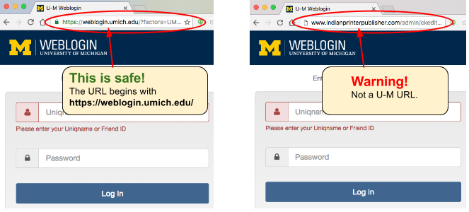 Image showing that the URL on the real Weblogin page sharts with https://weblogin.umich.edu/