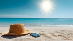 sunhat and phone on a sunny beach
