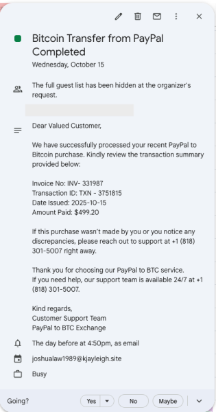 phishing calendar invite impersonating bitcoin
