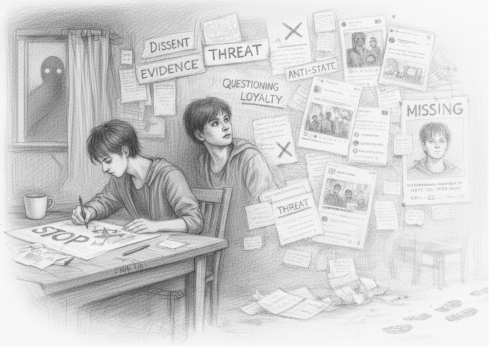 A pencil drawing showing a young man drawing a protest sign at a table while a dark shadowy figure watches through a window; the same young man moving to the right side in the middle with protest signs in the background; and on the right side is a poster wall with a Missing poster of the young man.