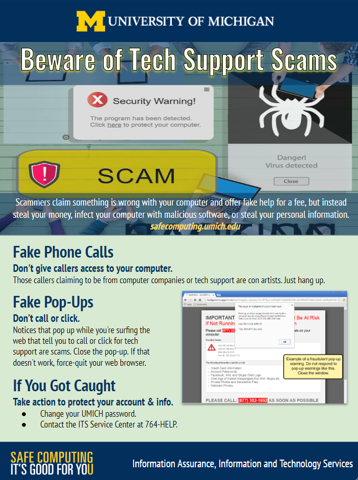 Several images of tech support scam pop-ups such as "Security Warning!" and "Danger! Virus Detected"