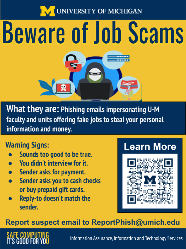 Image of the job scams poster with warning about a scam frequently seen at U-M. 