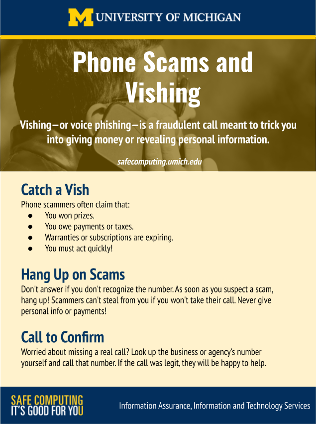 Screen shot of the poster listing signs of vishing, such as unexpected calls requiring personal information or payments, and encouraging users to hang up and call be to confirm the identity of the caller.