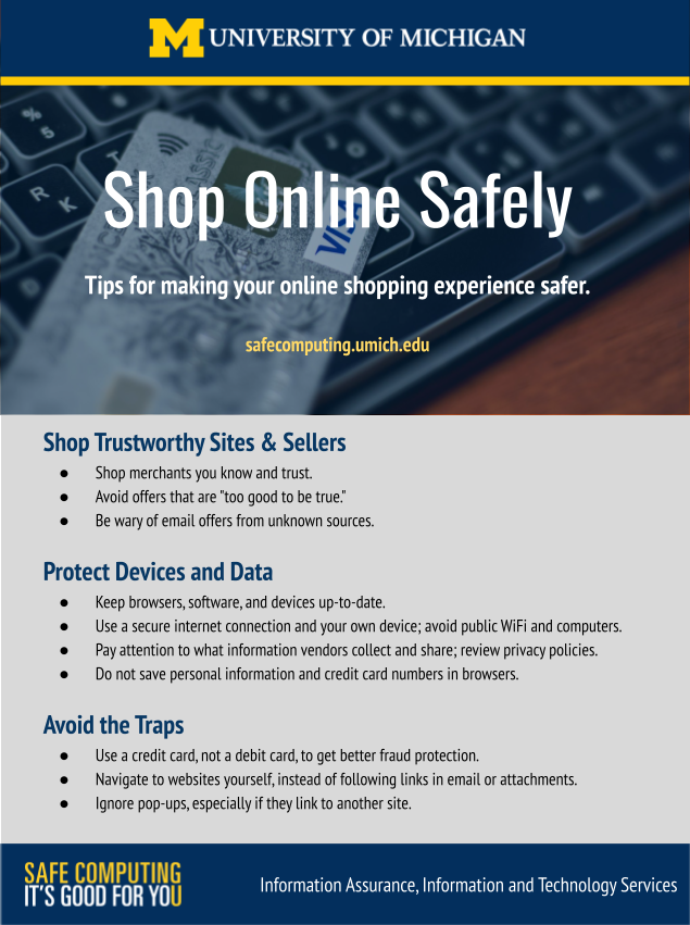 A screen shot of the poster encouraging users to shop trustworthy sites and sellers, protect their devices and data, and avoid traps like suspicious links, attachments, and pop-ups.
