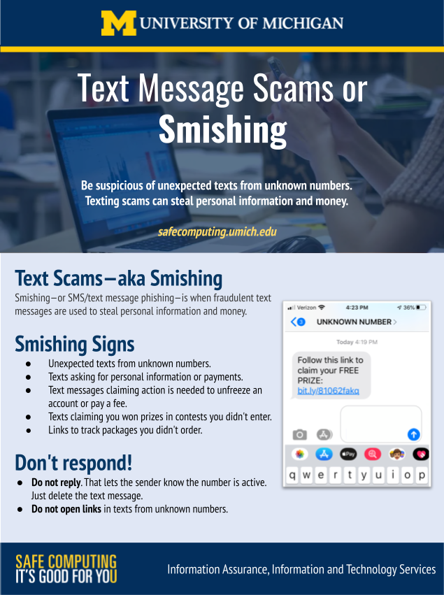 Screen shot of the poster encouraging uses to not respond or click on links in suspicious text messages asking for personal information, urging unexpected required action, or claiming you have won prizes or contests.