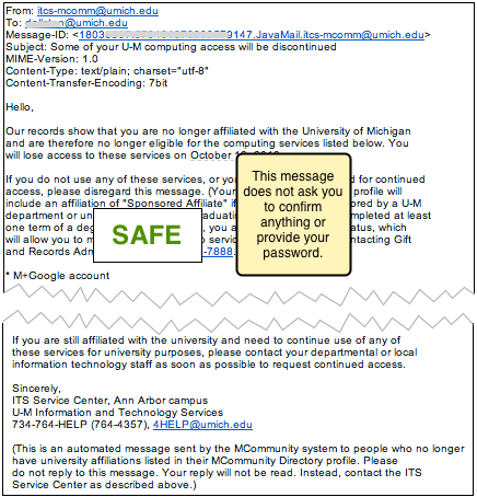 Screen shot of the email U-M sends to people who will lose access. When you lose your U-M affiliation, you are given 30 days notice before losing access to computing services.