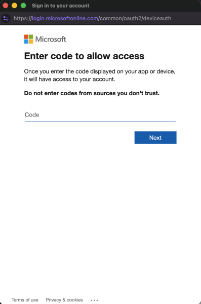 The user copies the code, and clicks on to the real Microsoft site to consent. Note that users may not be prompted to log in if they are already logged in to MS365.