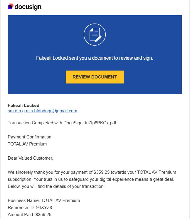 docusign invoice with link to scam document review