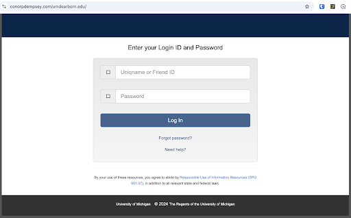 Fake login page with a URL that is not weblogin.umich.edu