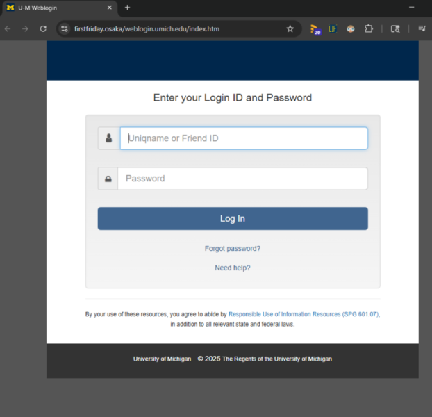 Fake login screen made to look like the U-M Weblogin. The url is different from the real U-M Weblogin.