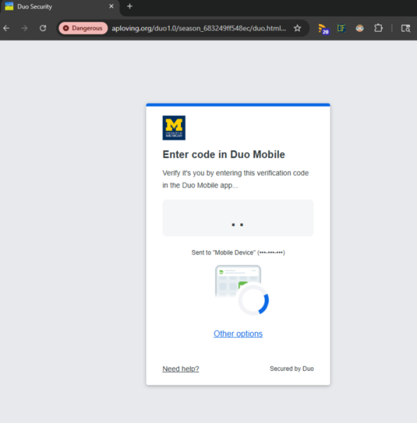 Fake Duo Two-factor authentication screen with red warning message net to the url to say that it is dangerous (based on domain name).