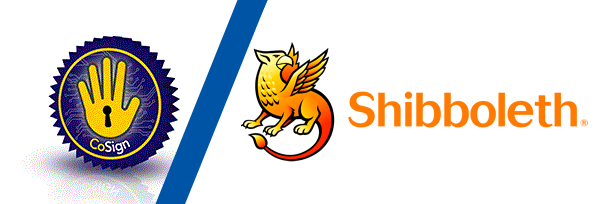 Two logos in one, Cosign and Shibboleth. Cosign is a yellow hand-shaped padlock on a blue circular background and Shibboleth is an orange and yellow Gryphon.