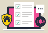 Checklist icon with a house icon and an alert bell, plus an ellipsis layered on top of a pink laptop background.