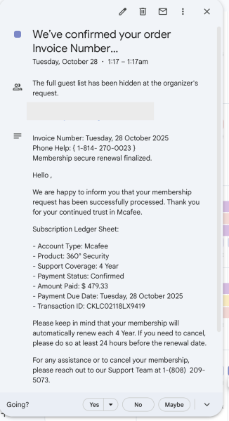 phishing calendar invite impersonating mcafee