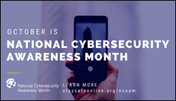 October is National Cybersecurity Month: Hand holding smartphone