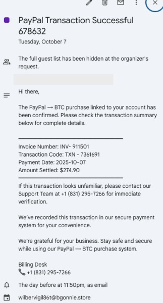 phishing calendar invite impersonating paypal
