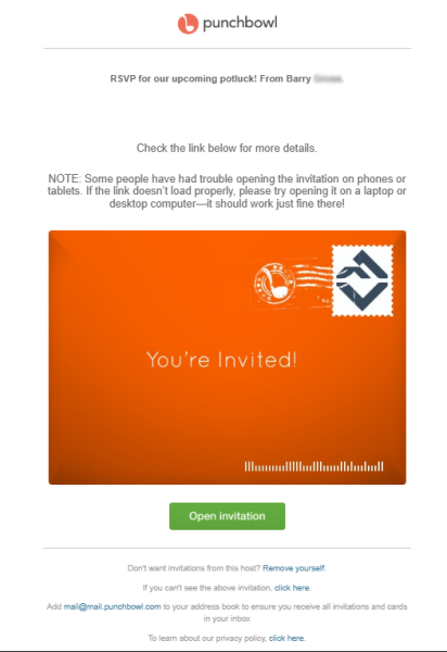 phishing email invitation with punchbowl logo
