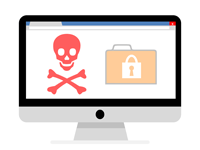 Computer monitor displaying skull and crossbones next to locked file