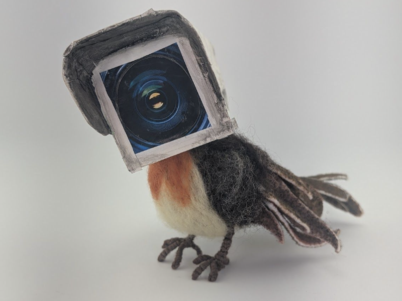 A mixed media sculpture that depicts a robin with the head of an old-timey security camera.