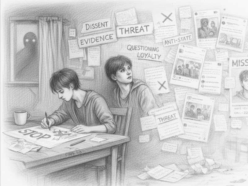 A pencil drawing showing a young man drawing a protest sign at a table while a dark shadowy figure watches through a window; the same young man moving to the right side in the middle with protest signs in the background; and on the right side is a poster wall with a Missing poster of the young man.