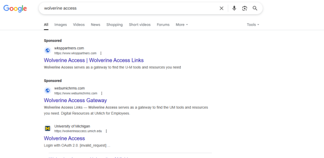 Search engine results for Wolverine Access, including sponsored link that leads to phishing site